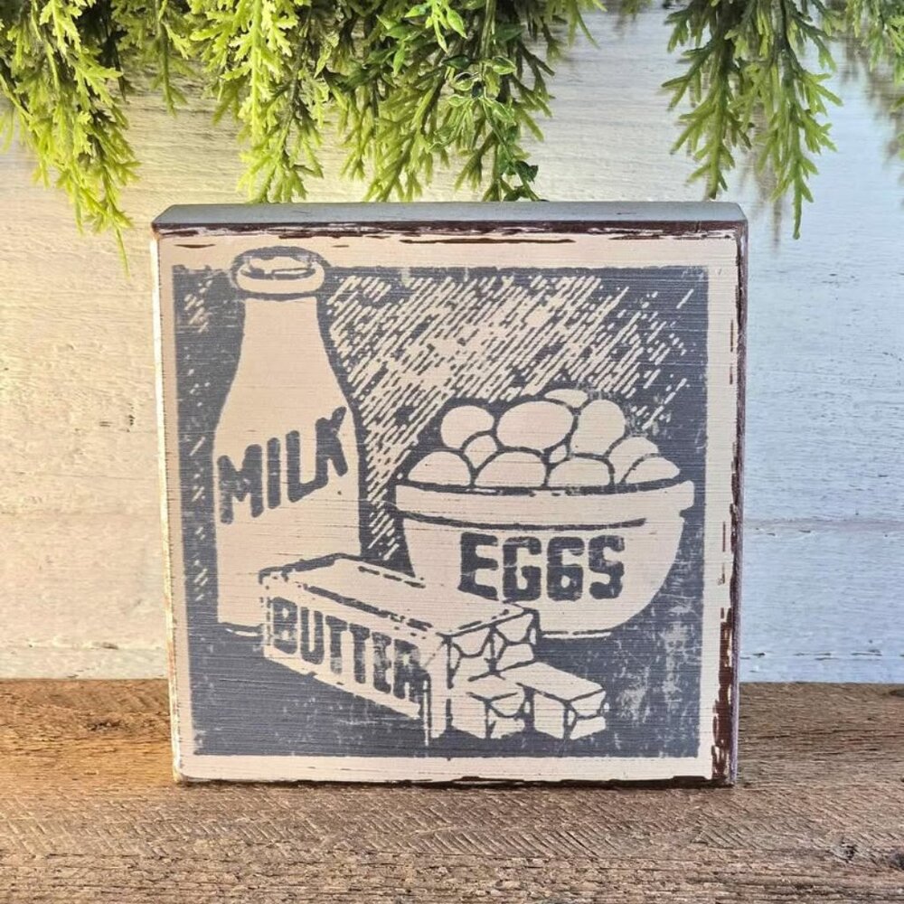 White & Blue Distressed Wood Milk Eggs Butter Sign Farmhouse Tiered Tray Decor
